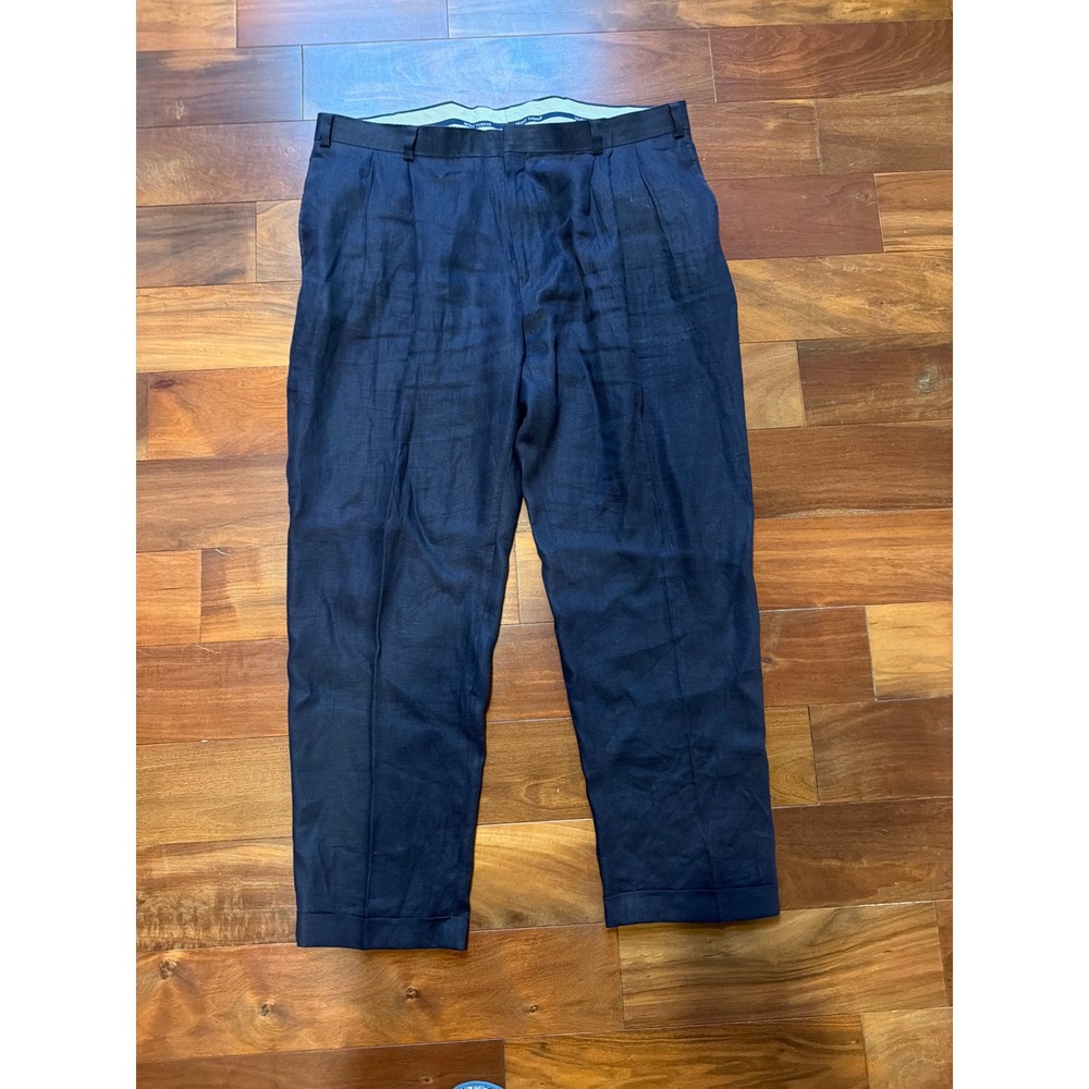 Grant Thomas Mens Navy Blue 100% Pure Linen Pleated Cuffed Dress Pants W44 L32